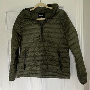 Everlane renew pullover puffer hoodie jacket half zip size small olive green
